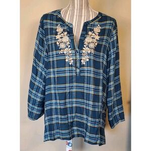 Pioneer Woman Blue plaid peasant blouse Tunic Top embroidered Sz XL